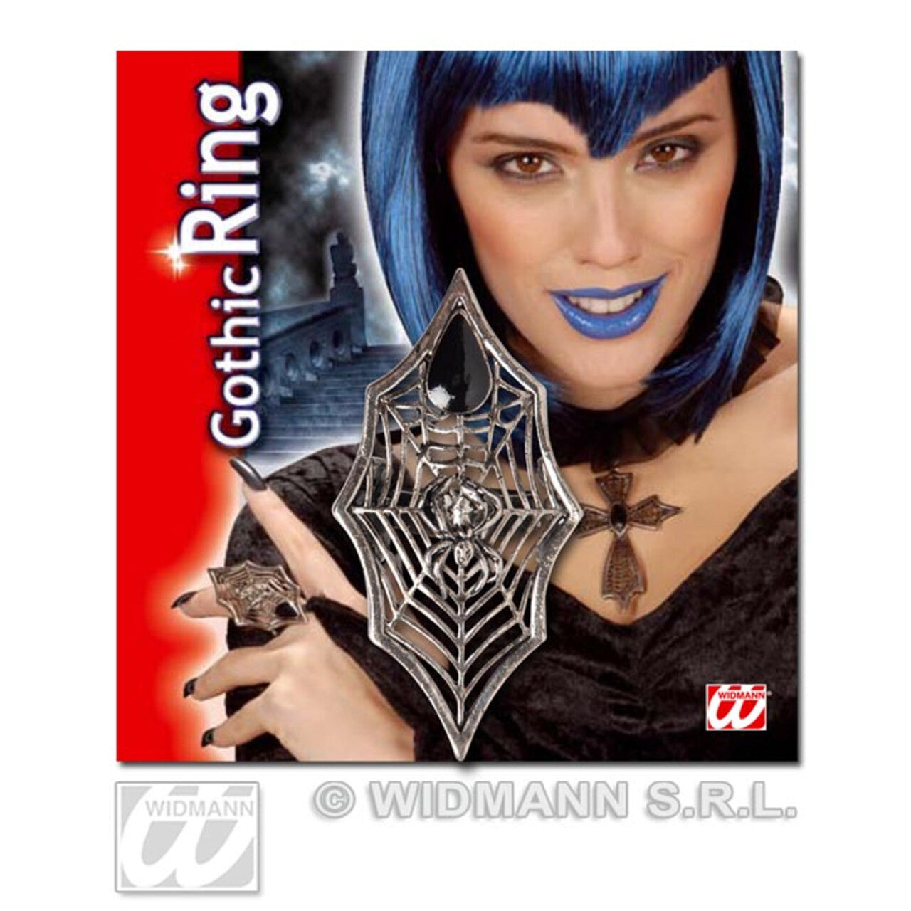 Op deze afbeelding zie je een Decoratie, van het merk Widmann. Gothic Ring Spin En Web Met Zwarte Gemsteen