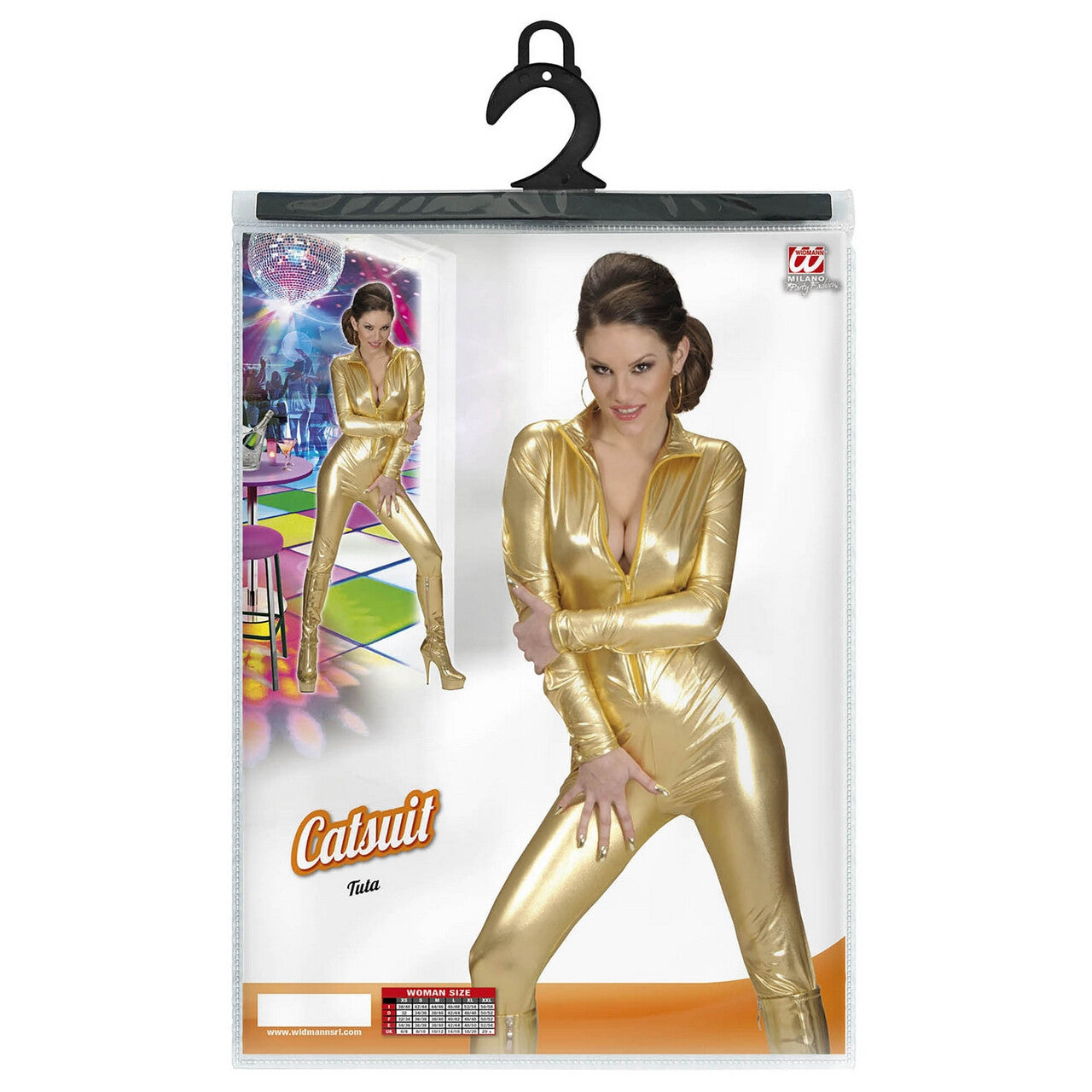 Op deze afbeelding zie je een Kostuums, van het merk Widmann. Catsuit, Goud Bond Girl Kostuum Vrouw