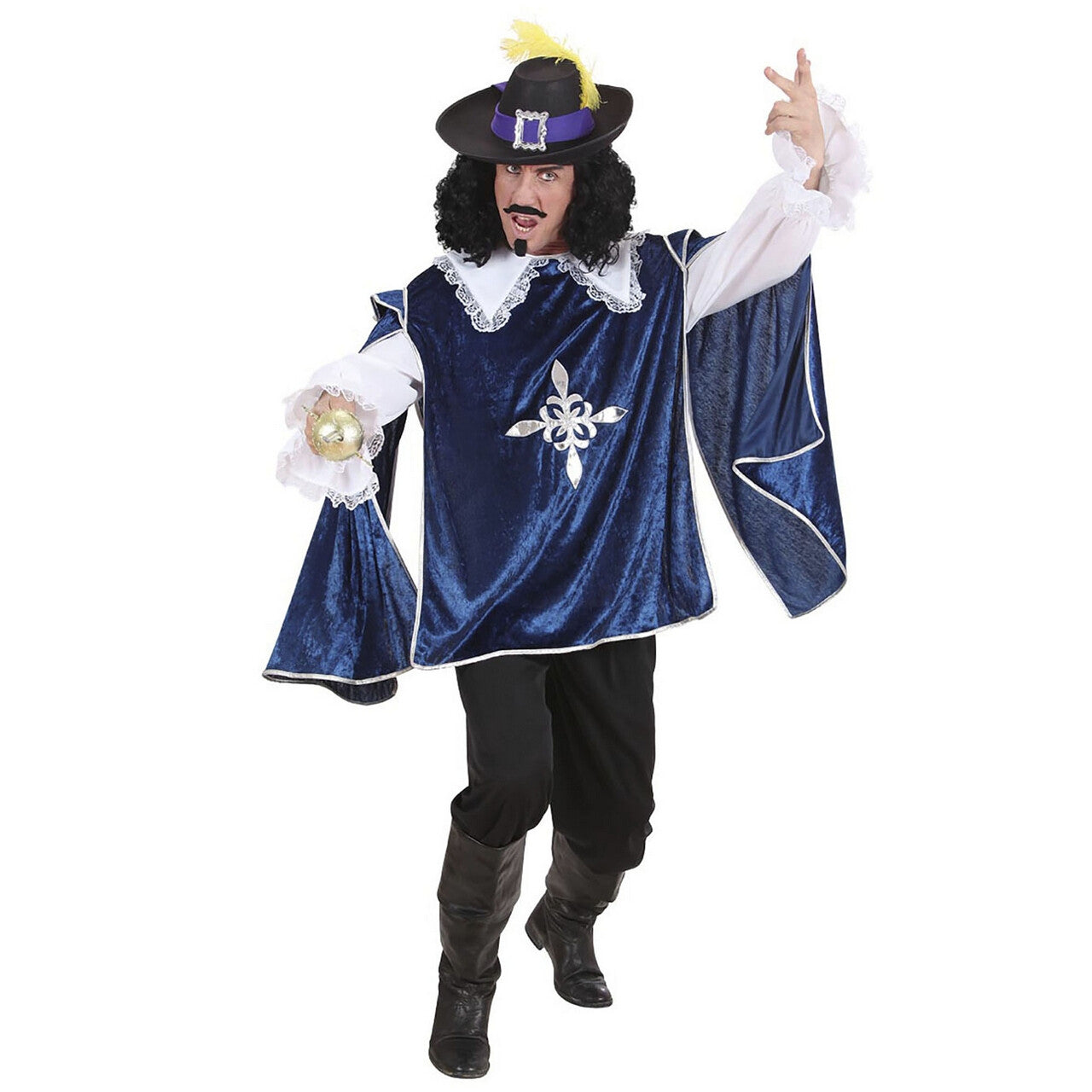 Op deze afbeelding zie je een Kostuums, van het merk Widmann. Musketier Dartagnan En Garde Blauw Kostuum Man