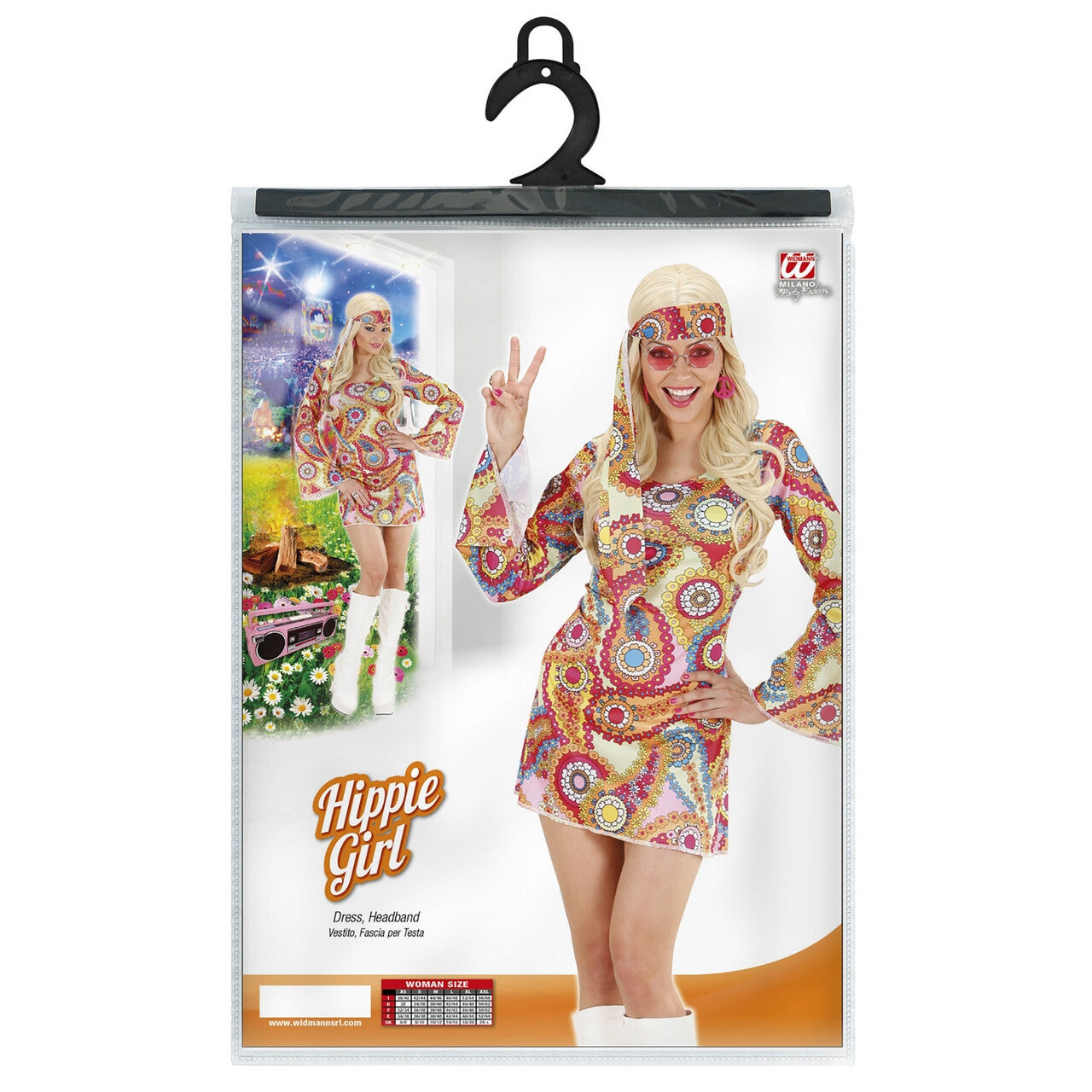 Op deze afbeelding zie je een Kostuums, van het merk Widmann. Hippie Meisje Kostuum Vrouw