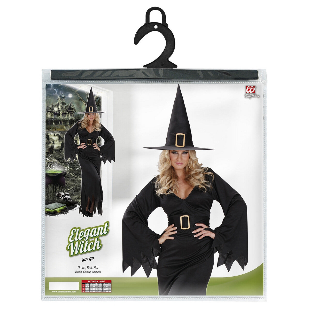Op deze afbeelding zie je een Kostuums, van het merk Widmann. Elegante Heks Black Witch Kostuum Vrouw