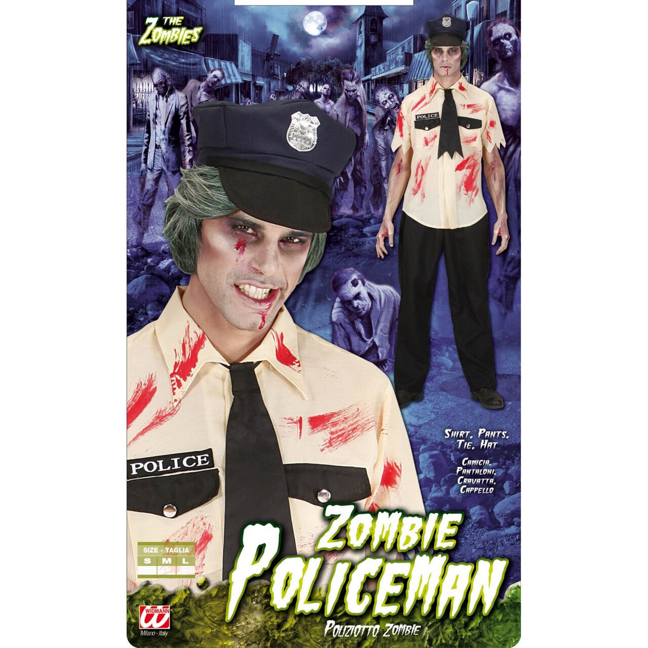 Op deze afbeelding zie je een Kostuums, van het merk Widmann. Zombie Politieman Kostuum