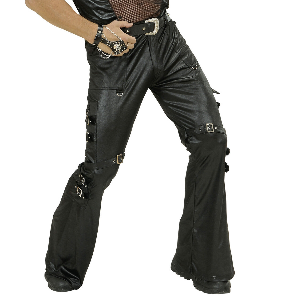Op deze afbeelding zie je een Kostuums, van het merk Widmann. Zwarte Leren (Lederlook) Broek Met Sluitingen Man