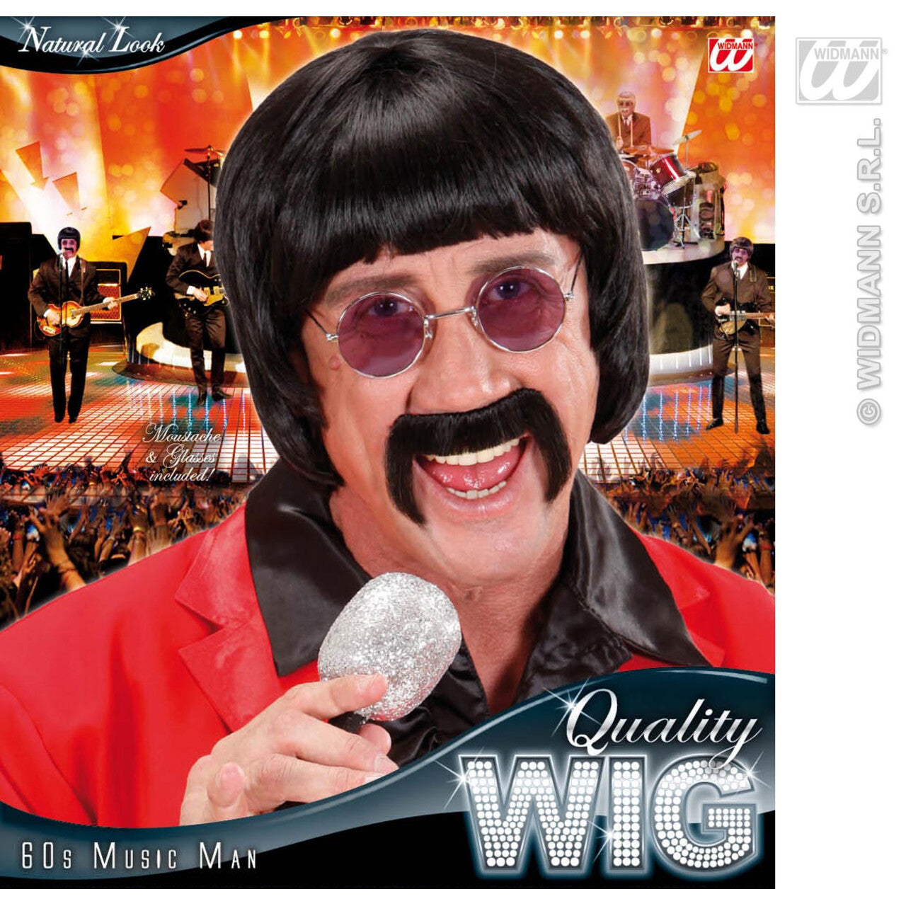 Op deze afbeelding zie je een Accessoires, van het merk Widmann. Pruik, Popster 60s Zwart Met Snor En Bril