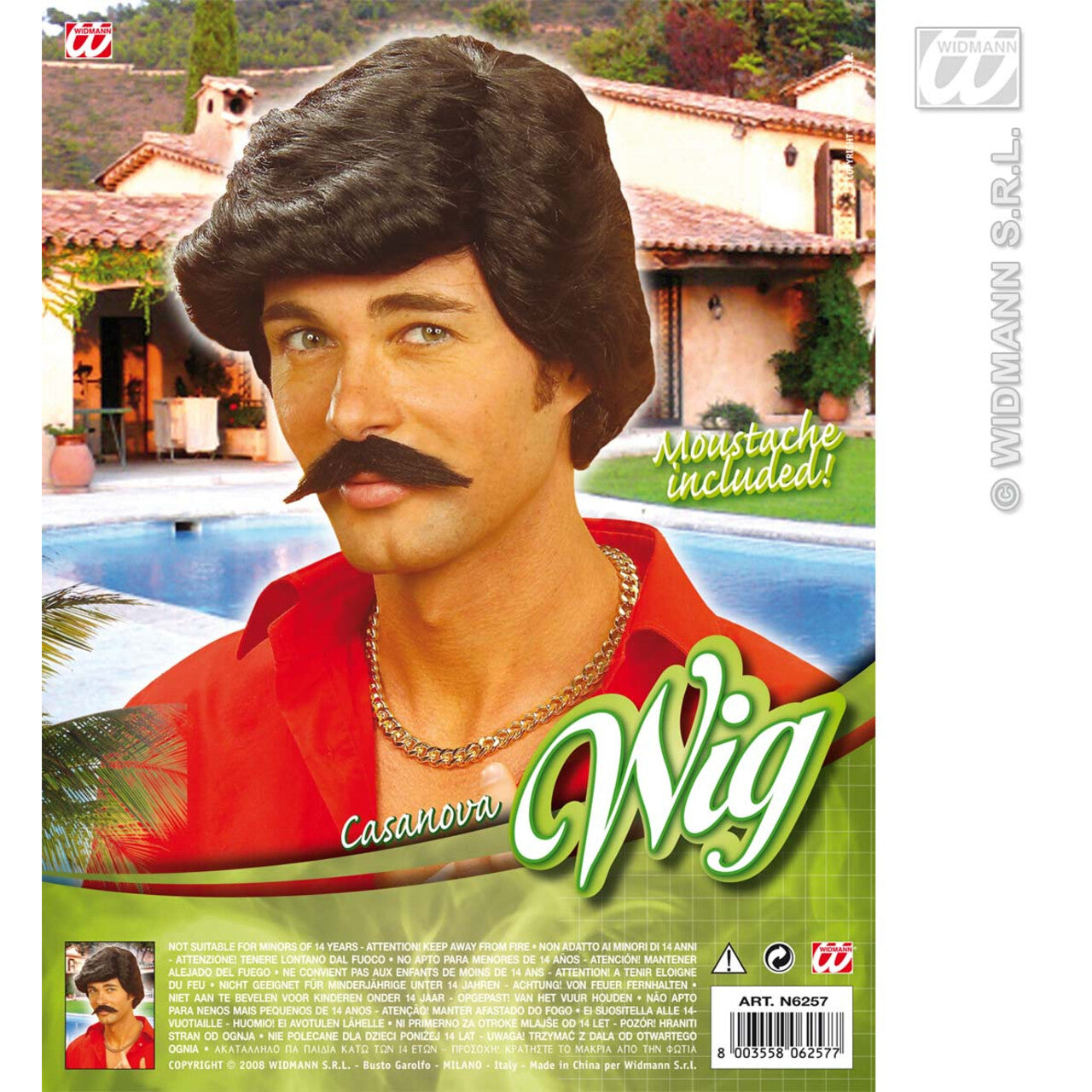 Op deze afbeelding zie je een Accessoires, van het merk Widmann. Pruik, Playboy Zwart Met Snor