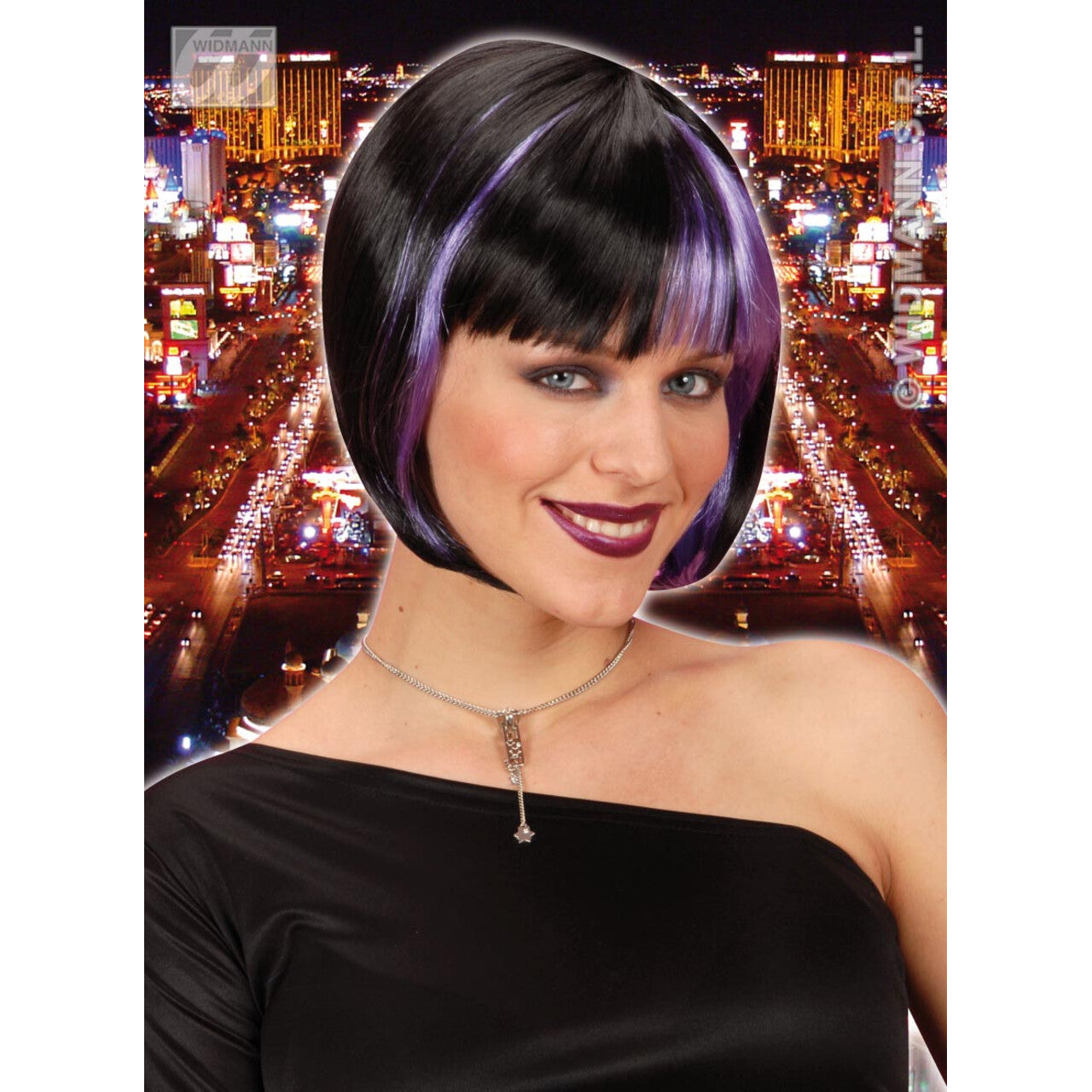 Op deze afbeelding zie je een Accessoires, van het merk Widmann. Pruik, Zoey Zwart Met Paarse Highlights