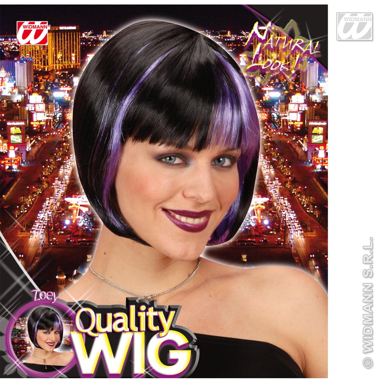 Op deze afbeelding zie je een Accessoires, van het merk Widmann. Pruik, Zoey Zwart Met Paarse Highlights