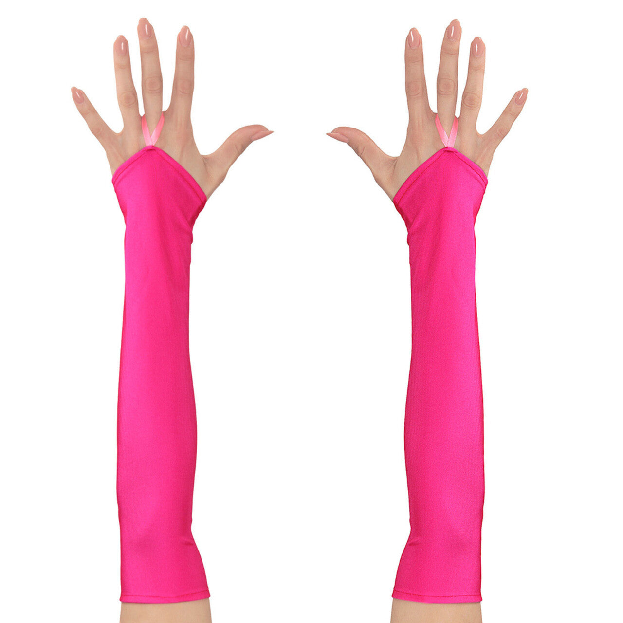 Op deze afbeelding zie je een Accessoires, van het merk Widmann. Tachtiger Jaren Vingerloze Handschoenen Satijn, Neon Roze