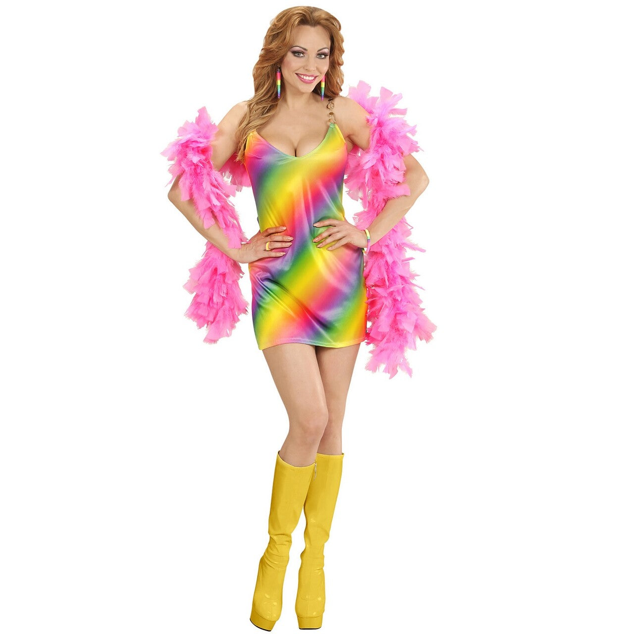 Op deze afbeelding zie je een Kostuums, van het merk Widmann. 70s Regenboog Dame Vrouw Kostuum