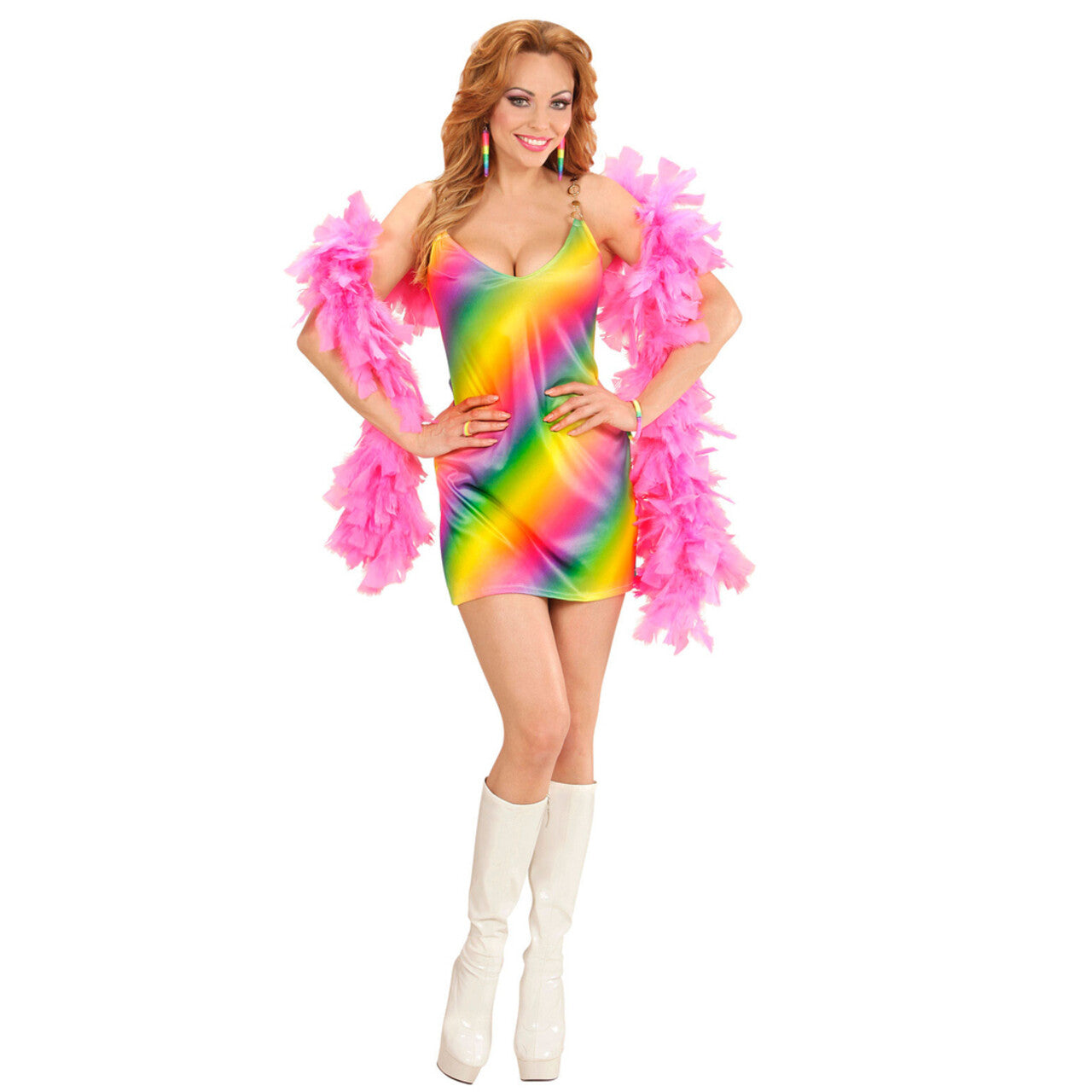 Op deze afbeelding zie je een Kostuums, van het merk Widmann. 70s Regenboog Dame Vrouw Kostuum