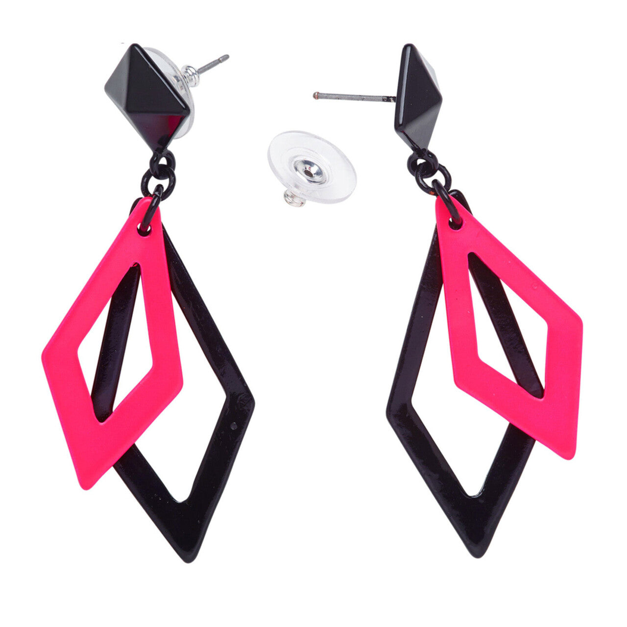 Op deze afbeelding zie je een Accessoires, van het merk Widmann. 70er Jaren Oorbellen Ruit Neon, Zwart / Roze