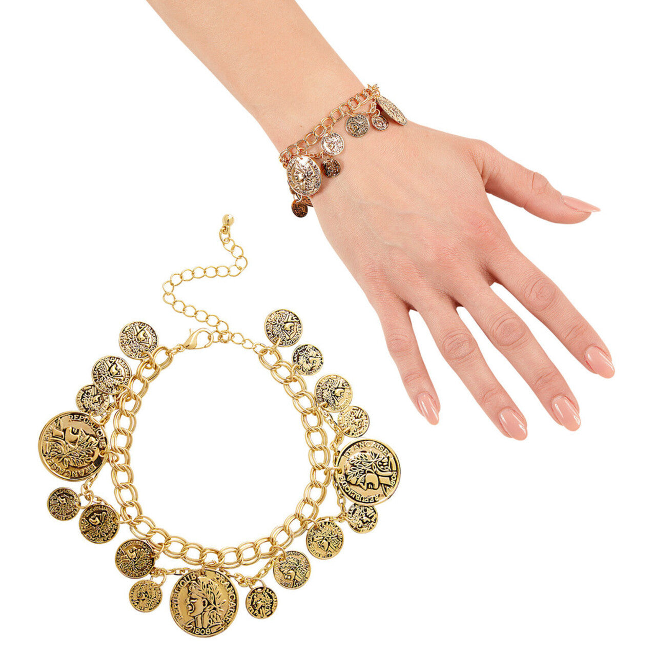 Op deze afbeelding zie je een Accessoires, van het merk Widmann. Romeinse Armband Goud Met Muntstukken