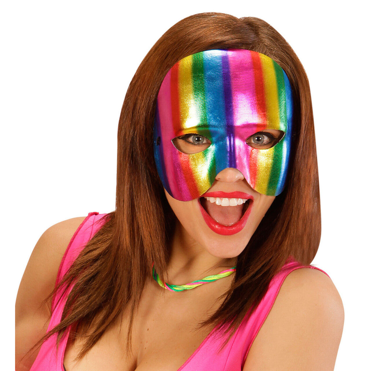 Op deze afbeelding zie je een Accessoires, van het merk Widmann. Extravagant Oogmasker Regenboog Kinloos Metallic