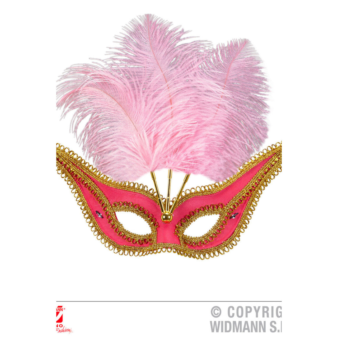 Op deze afbeelding zie je een Accessoires, van het merk Widmann. Uitbundig Oogmasker Roze Met Goud En Veren