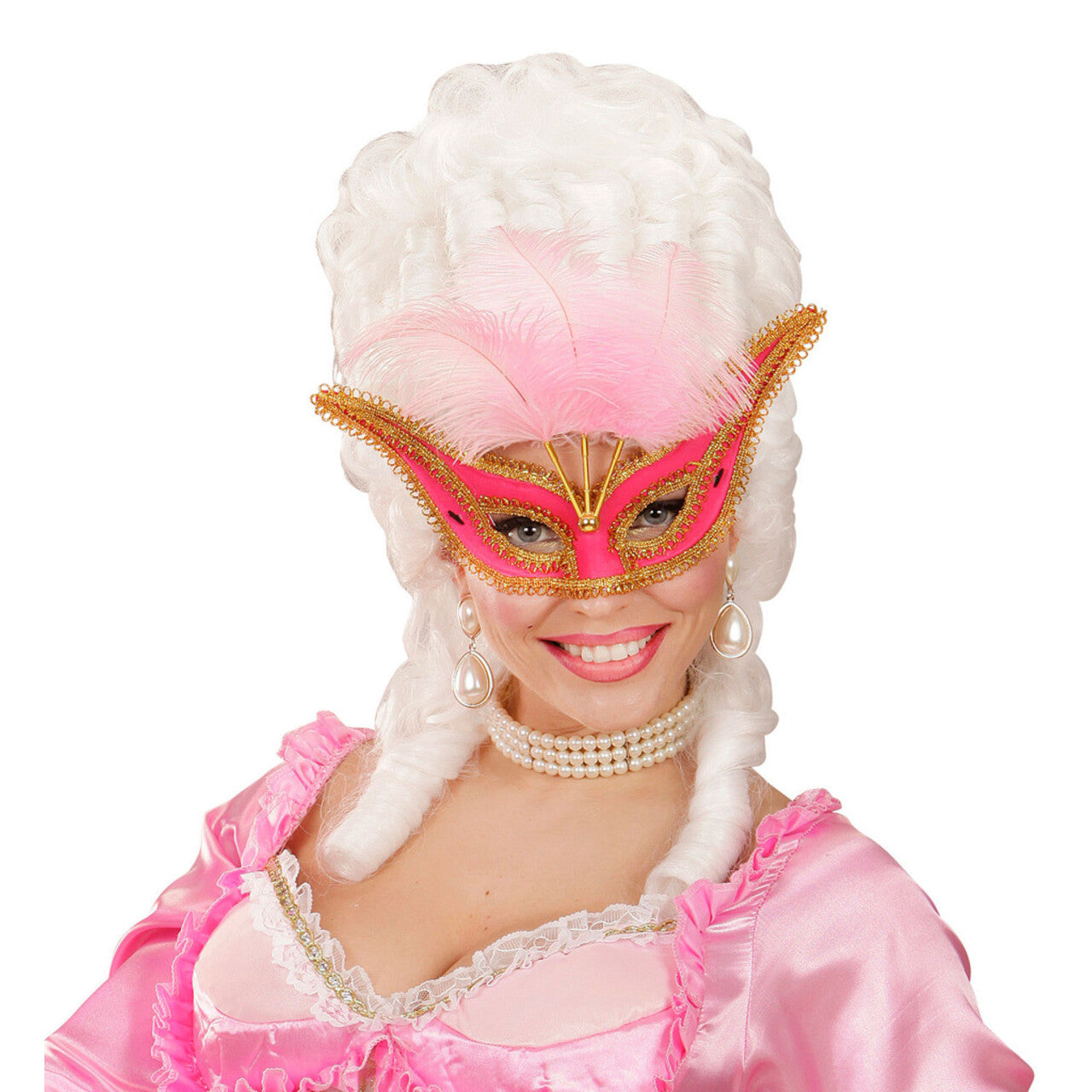 Op deze afbeelding zie je een Accessoires, van het merk Widmann. Uitbundig Oogmasker Roze Met Goud En Veren