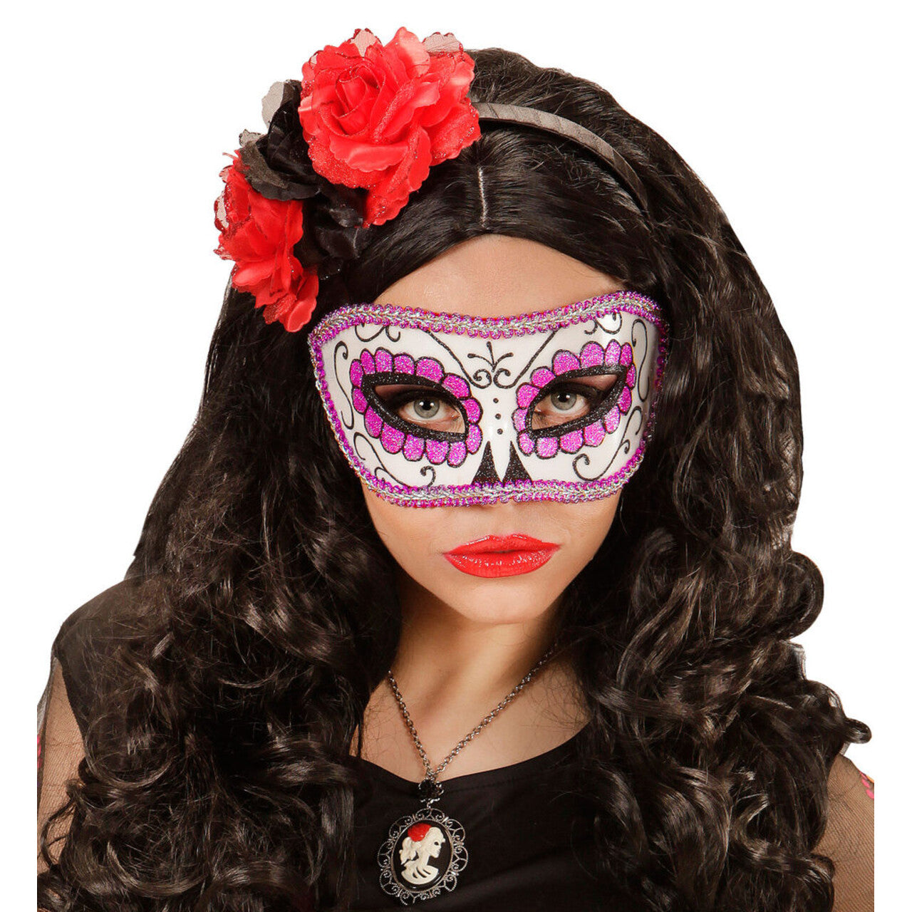 Op deze afbeelding zie je een Accessoires, van het merk Widmann. Mexicaans Oogmasker Dia De Los Muertos Zwart & Paars