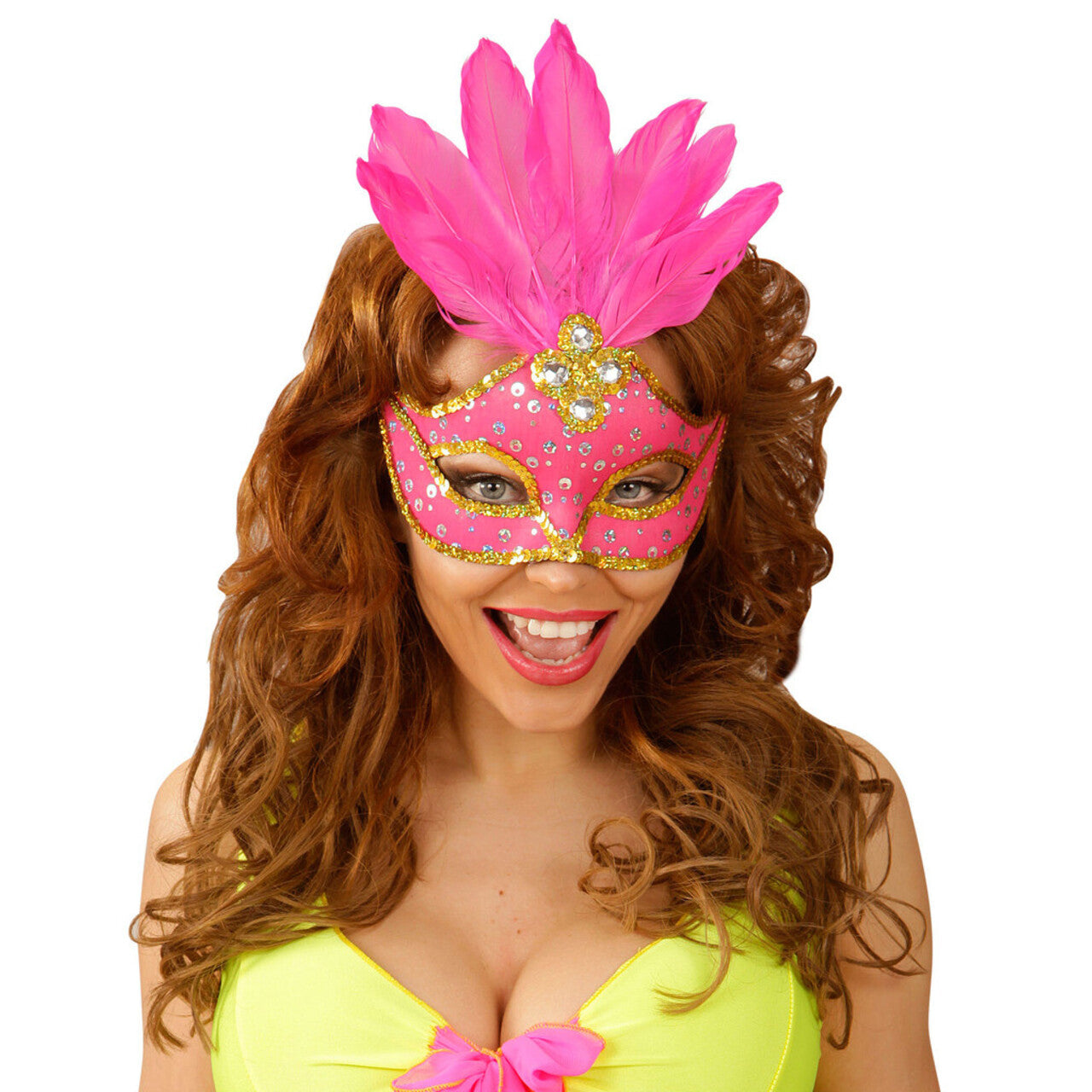 Op deze afbeelding zie je een Accessoires, van het merk Widmann. Samba Oogmasker Brazilie Met Veren En Parels, Neon Roze
