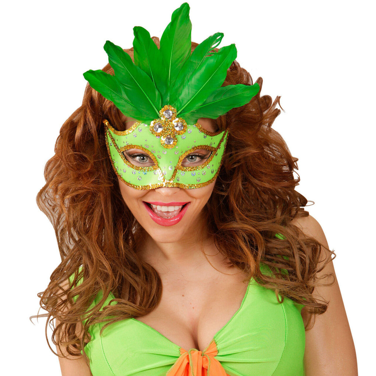 Op deze afbeelding zie je een Accessoires, van het merk Widmann. Samba Oogmasker Brazilie Met Veren En Parels, Neon Groen