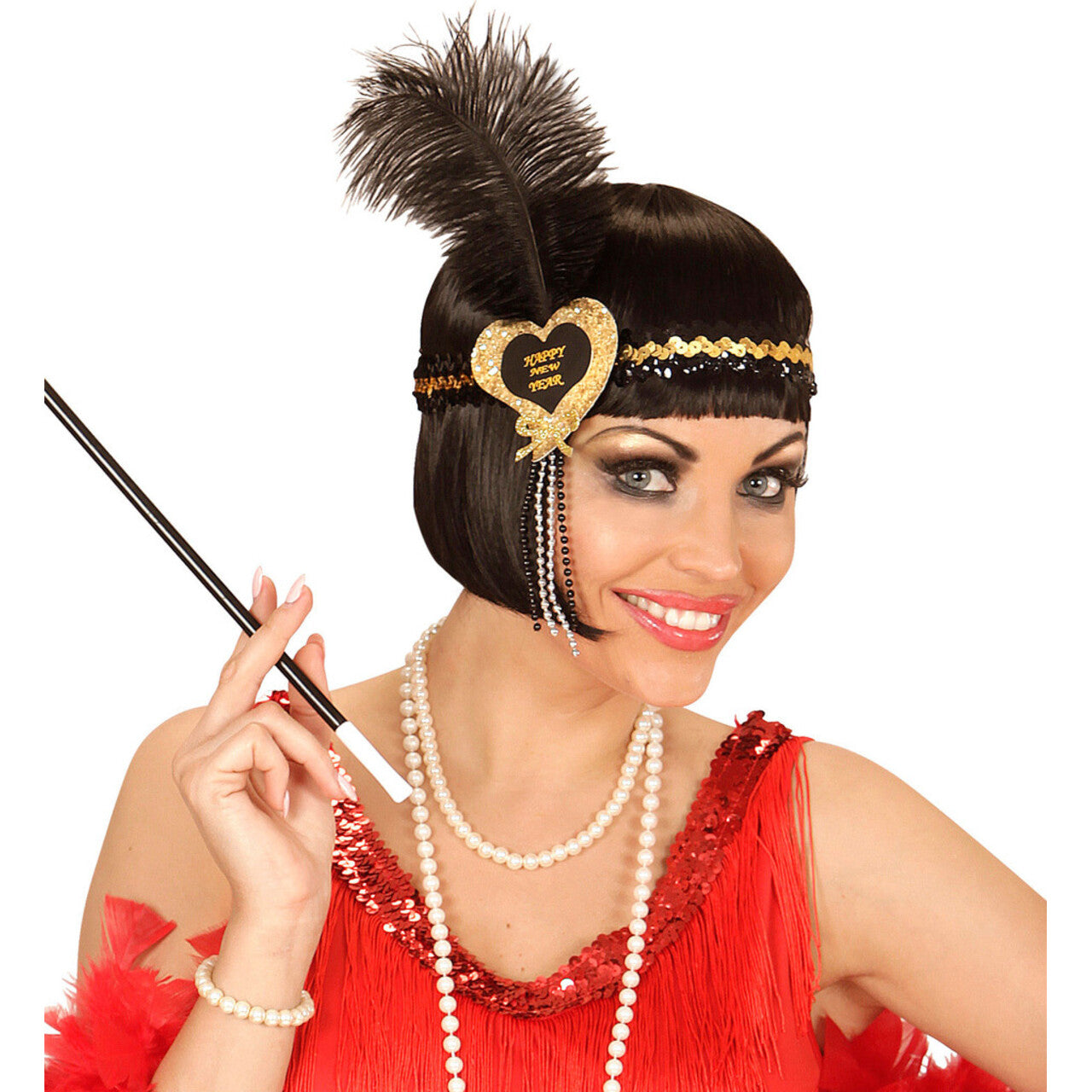 Op deze afbeelding zie je een Accessoires, van het merk Widmann. 20s Glitter Hoofdbandje Zwart / Goud Happy New Year Hartje