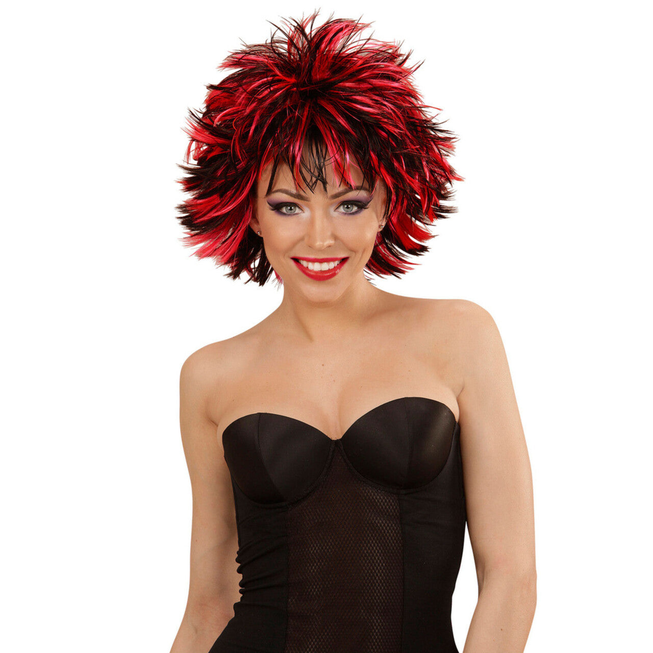 Op deze afbeelding zie je een Accessoires, van het merk Widmann. Punk Chick Pruik, Steamy Zwart / Rood