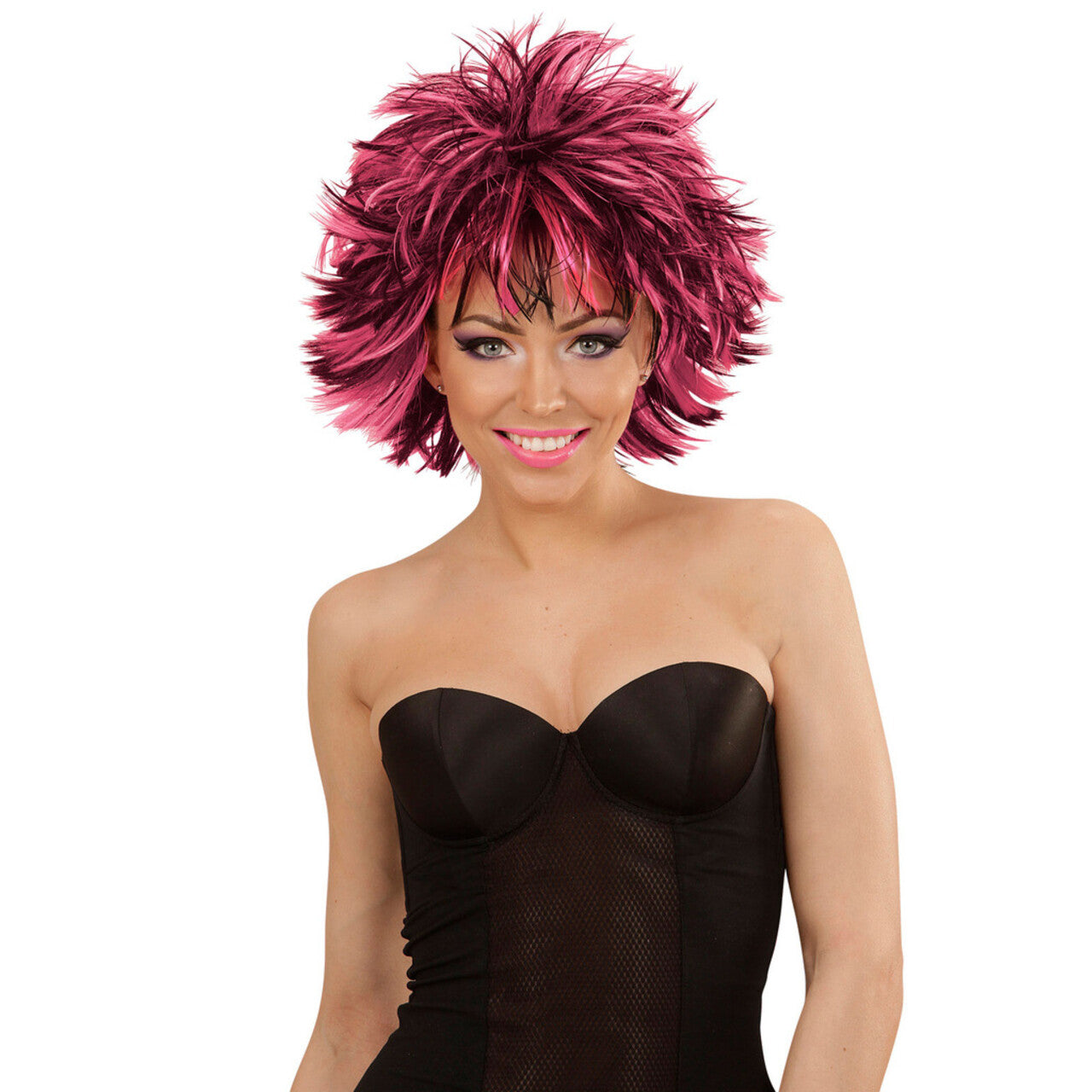 Op deze afbeelding zie je een Accessoires, van het merk Widmann. Punk Chick Pruik, Steamy Zwart / Roze