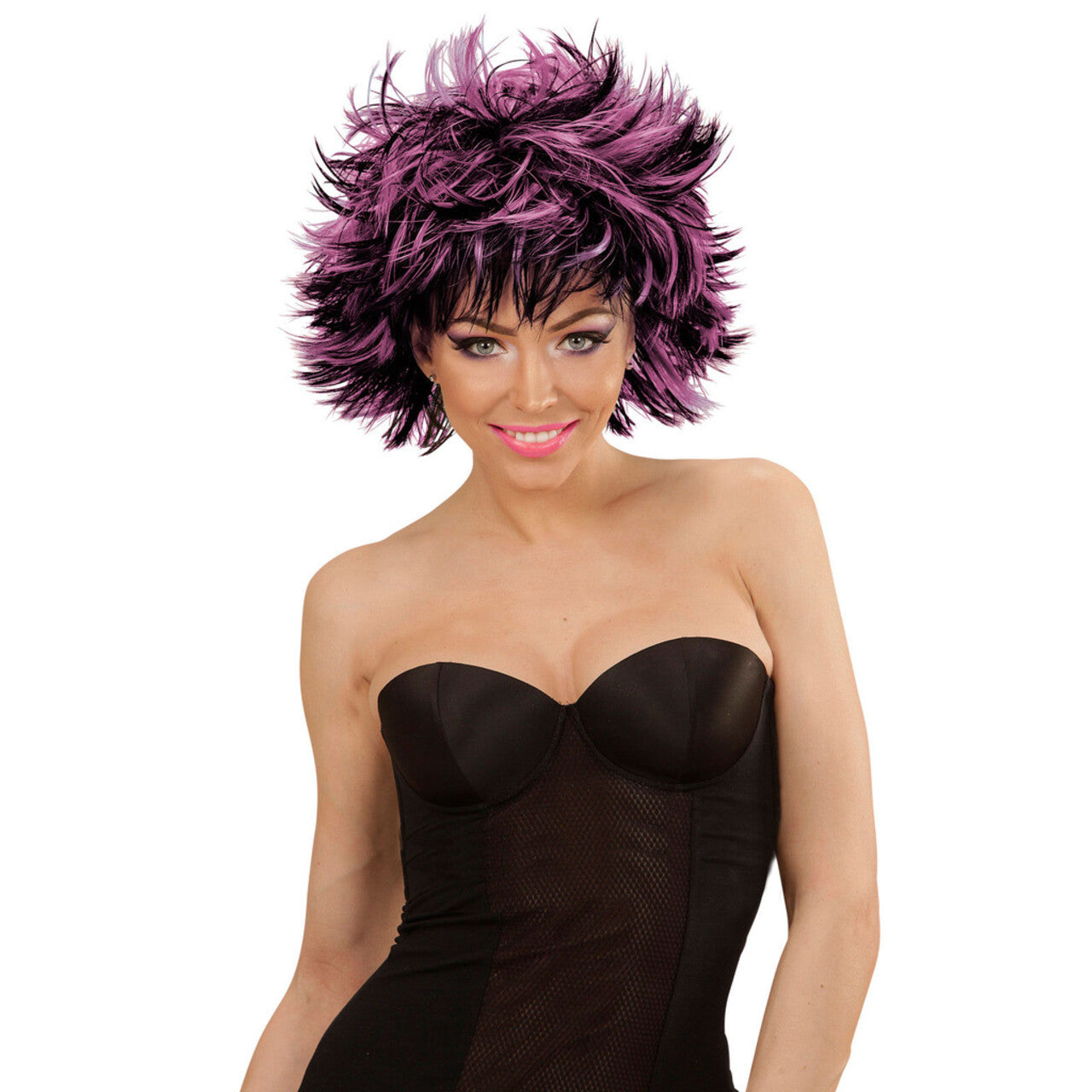Op deze afbeelding zie je een Accessoires, van het merk Widmann. Punk Chick Pruik, Steamy Zwart / Paars