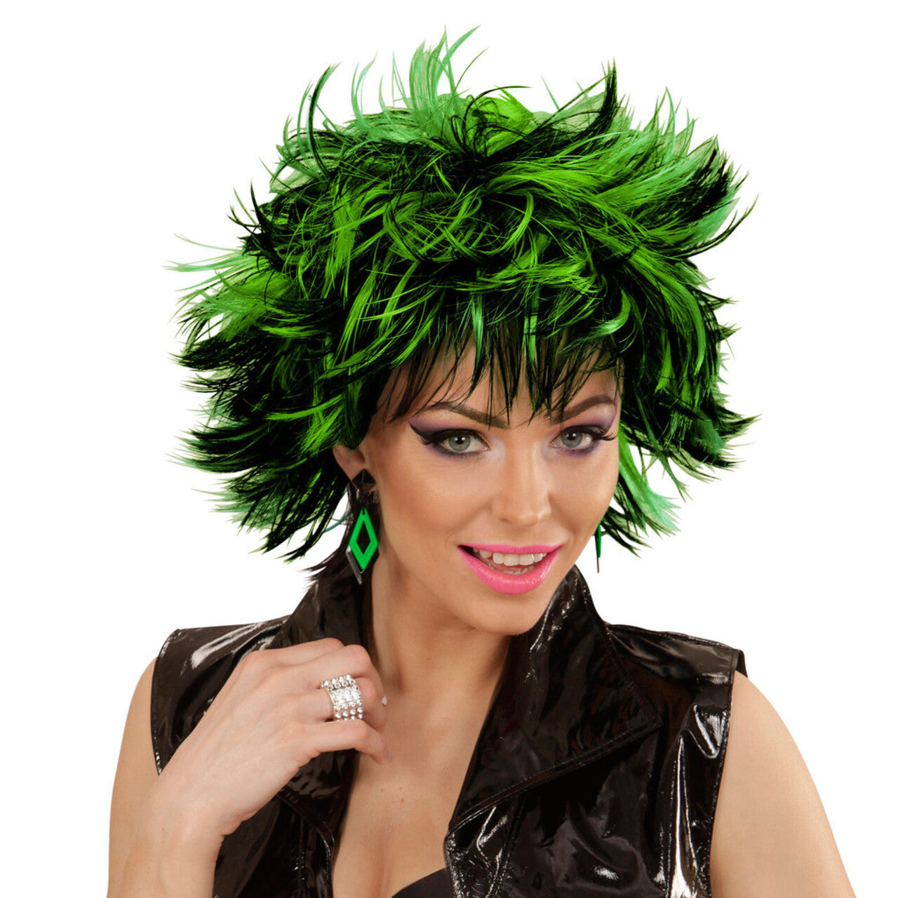 Op deze afbeelding zie je een Accessoires, van het merk Widmann. Punk Chick Pruik, Steamy Zwart / Green