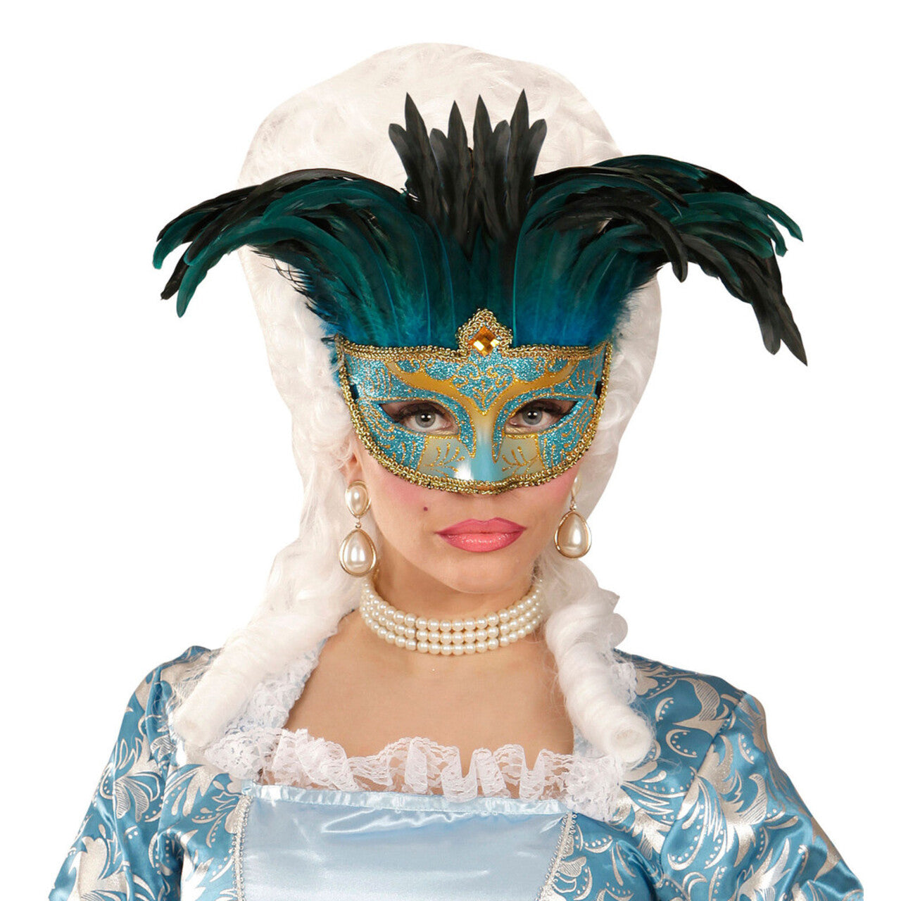 Op deze afbeelding zie je een Accessoires, van het merk Widmann. Veren Masker Countess Met Glitters En Veren, Blauw