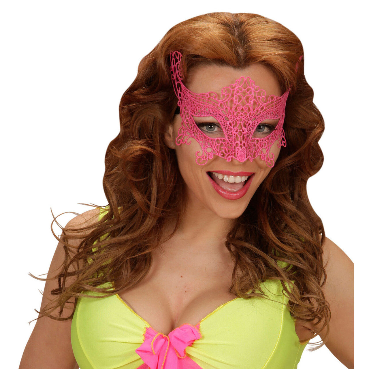 Op deze afbeelding zie je een Accessoires, van het merk Widmann. Venetia Neon Oogmasker, Kant Neon Roze
