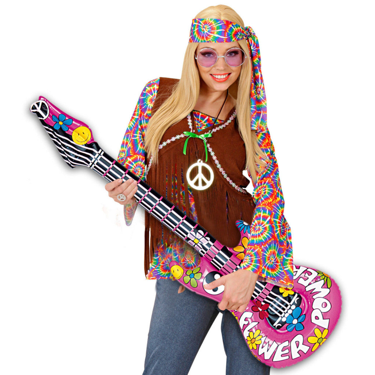 Op deze afbeelding zie je een Accessoires, van het merk Widmann. Grappige Opblaasbare Gitaar Hippie 105 Centimeter
