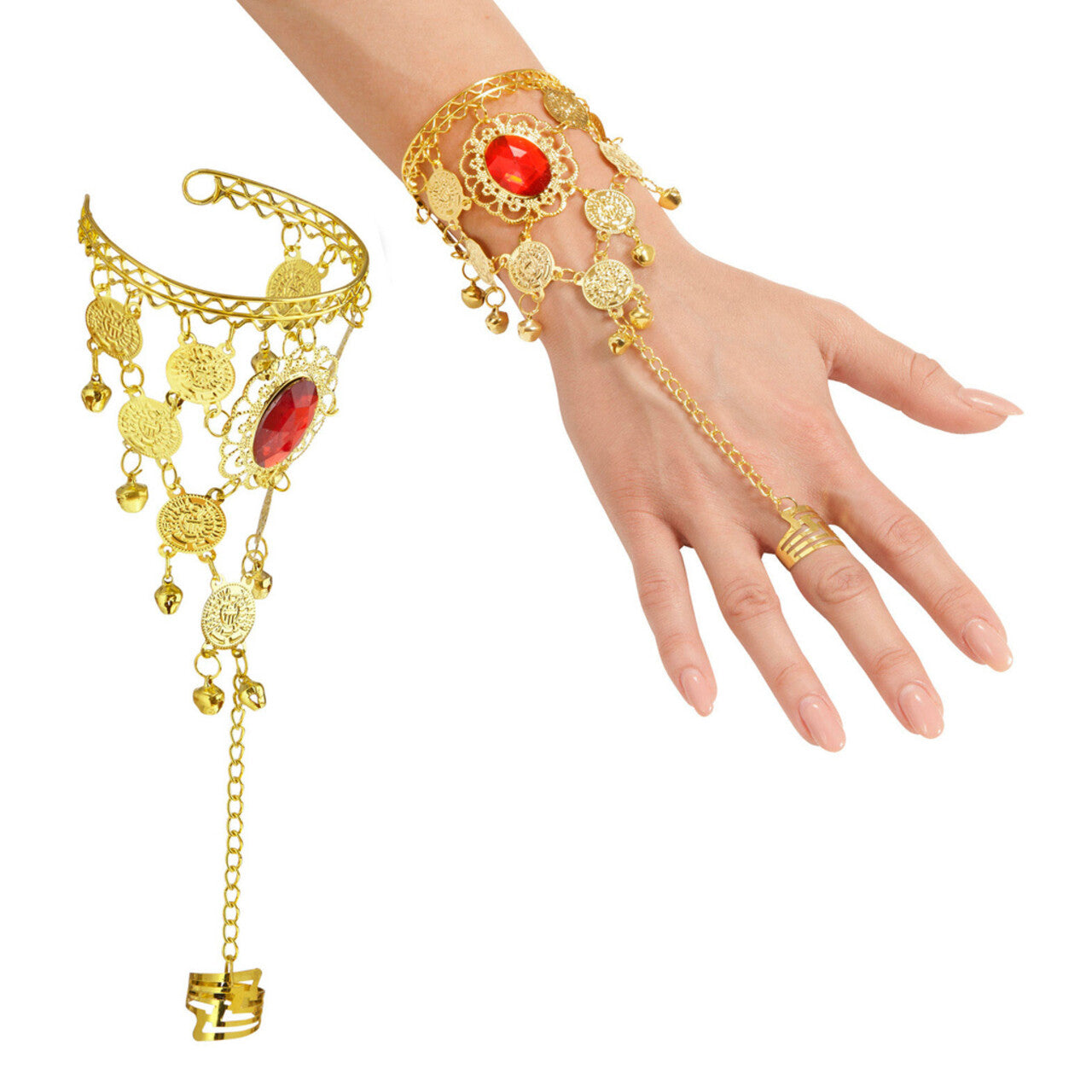 Op deze afbeelding zie je een Accessoires, van het merk Widmann. Arabische Vinger Pols Armband Met Muntjes En Rode Steen