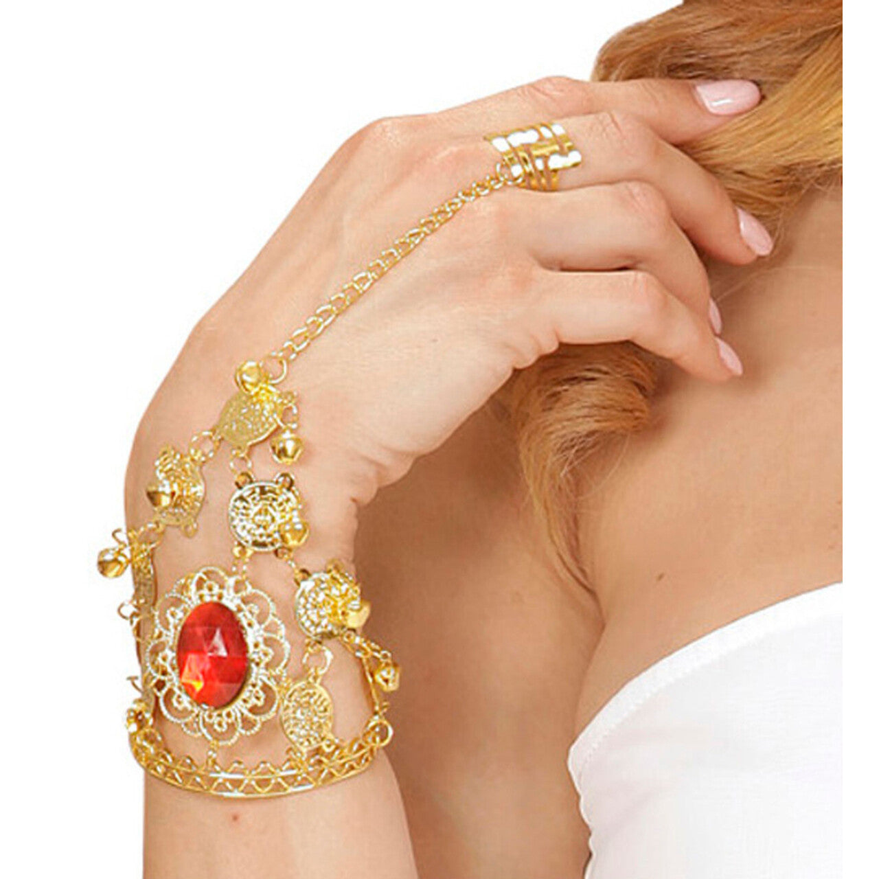 Op deze afbeelding zie je een Accessoires, van het merk Widmann. Arabische Vinger Pols Armband Met Muntjes En Rode Steen