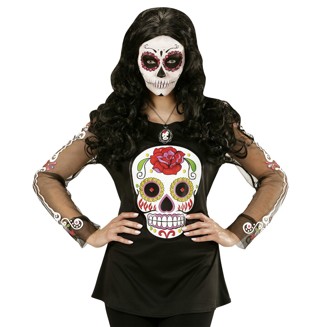 Op deze afbeelding zie je een Kostuums, van het merk Widmann. Mexicaans Shirt Dia De Los Muertos Vrouw