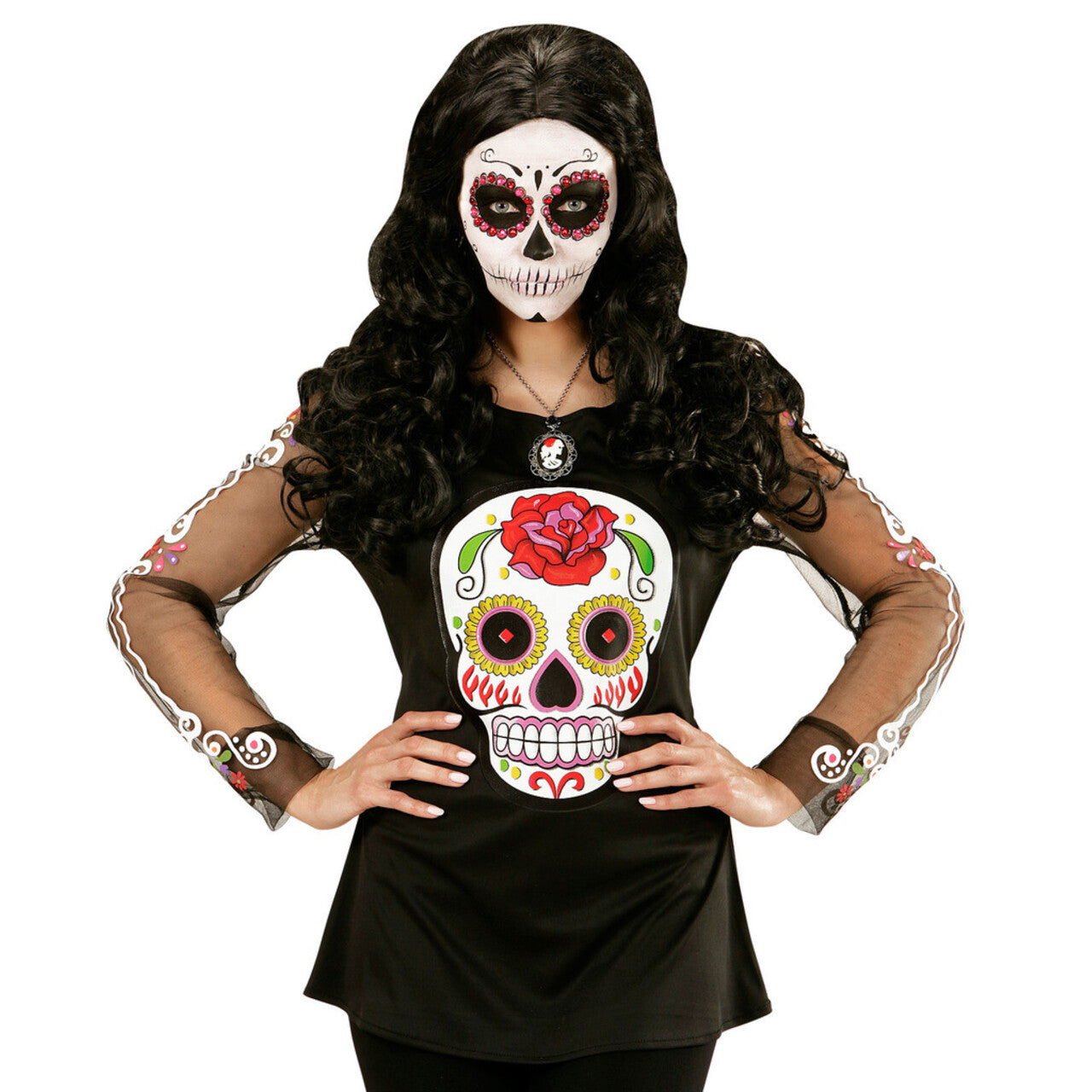 Op deze afbeelding zie je een Kostuums, van het merk Widmann. Mexicaans Shirt Dia De Los Muertos Vrouw