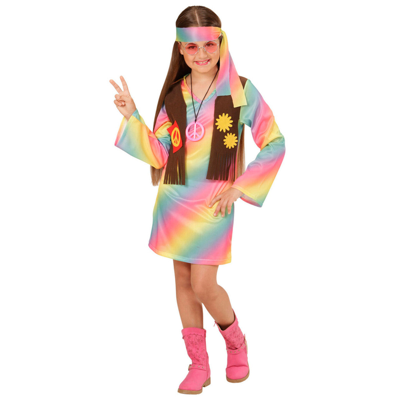 Op deze afbeelding zie je een Kostuums, van het merk Widmann. Comeback Hippie Dame Kostuum