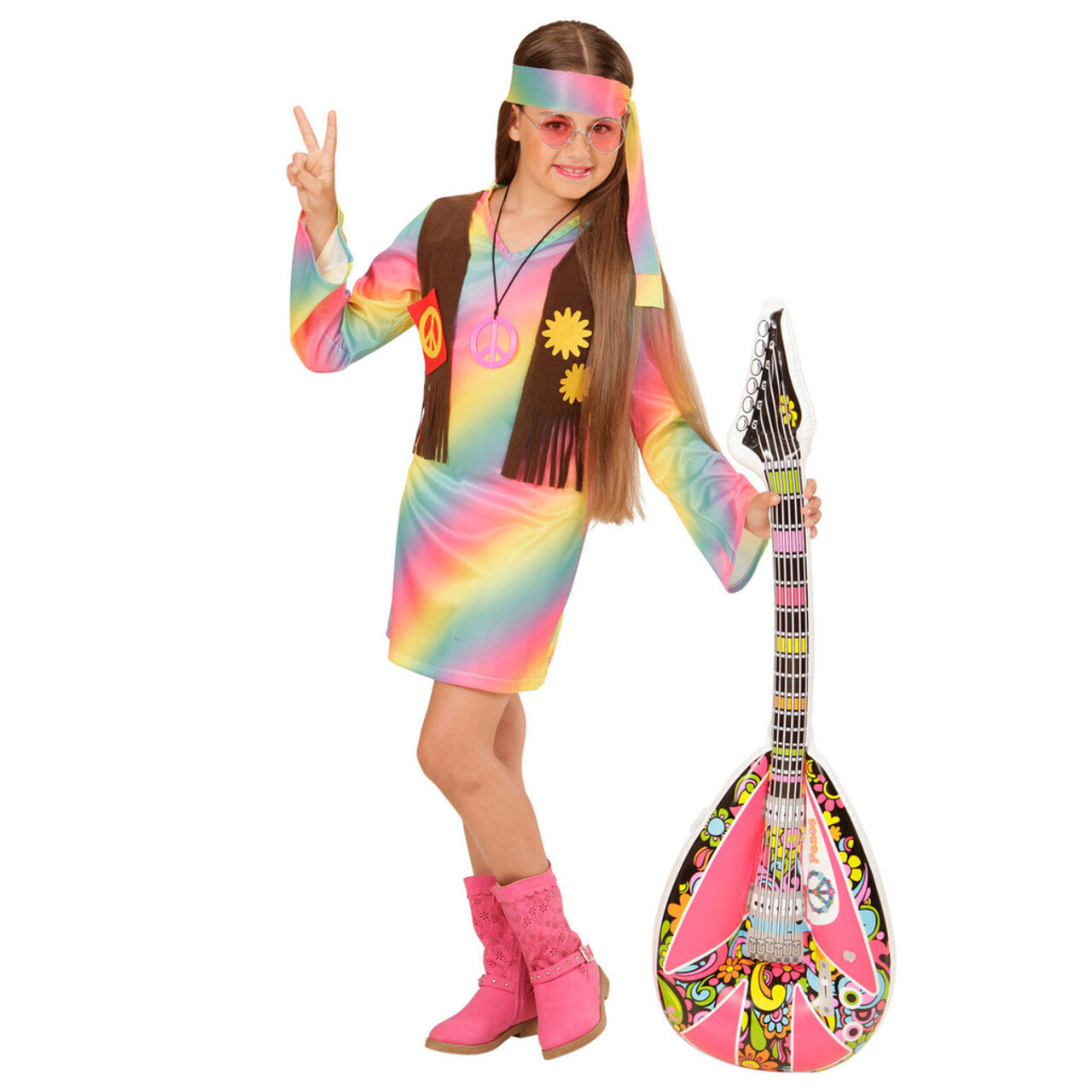 Op deze afbeelding zie je een Kostuums, van het merk Widmann. Comeback Hippie Dame Kostuum