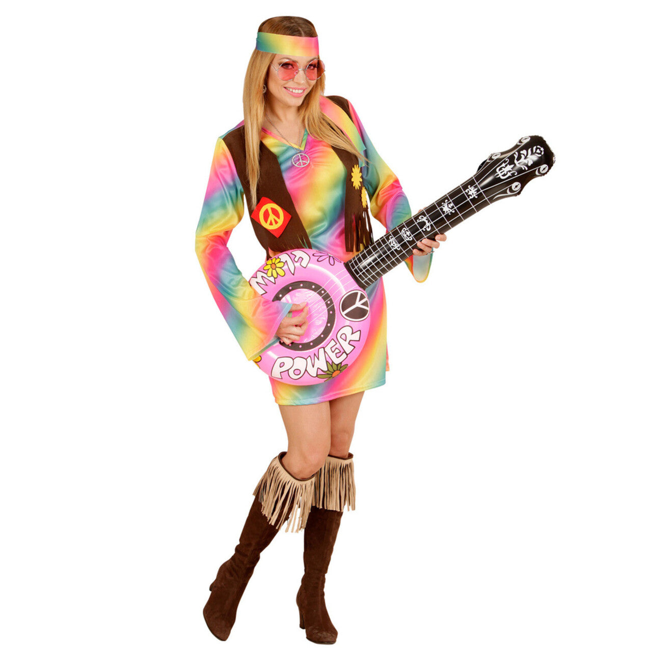 Op deze afbeelding zie je een Kostuums, van het merk Widmann. Comeback Hippie Dame Kostuum
