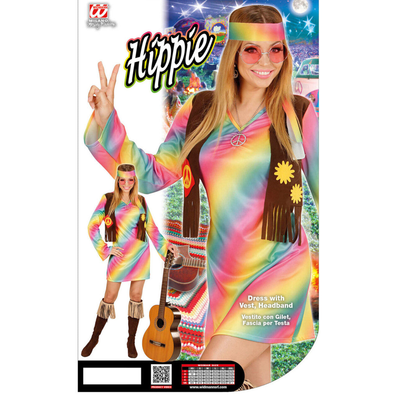 Op deze afbeelding zie je een Kostuums, van het merk Widmann. Comeback Hippie Dame Kostuum