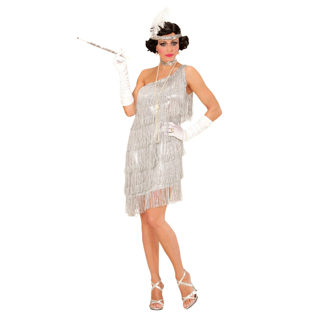 Op deze afbeelding zie je een Kostuums, van het merk Widmann. Amerikaanse Weelderigheid Flapper Zilver Vrouw Kostuum