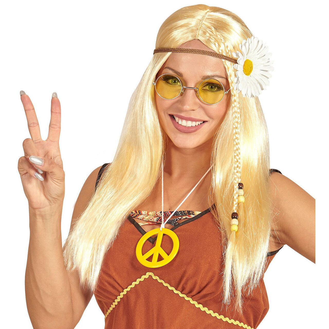 Op deze afbeelding zie je een Accessoires, van het merk Widmann. Dammy Pruik, Hippie Met Bloemenkrans Blond