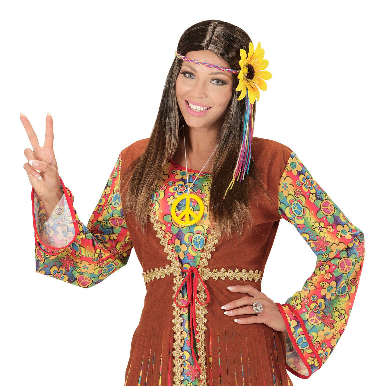 Op deze afbeelding zie je een Accessoires, van het merk Widmann. Dammy Pruik, Hippie Bruin Met Meerkleuren Bloem Hoofdband
