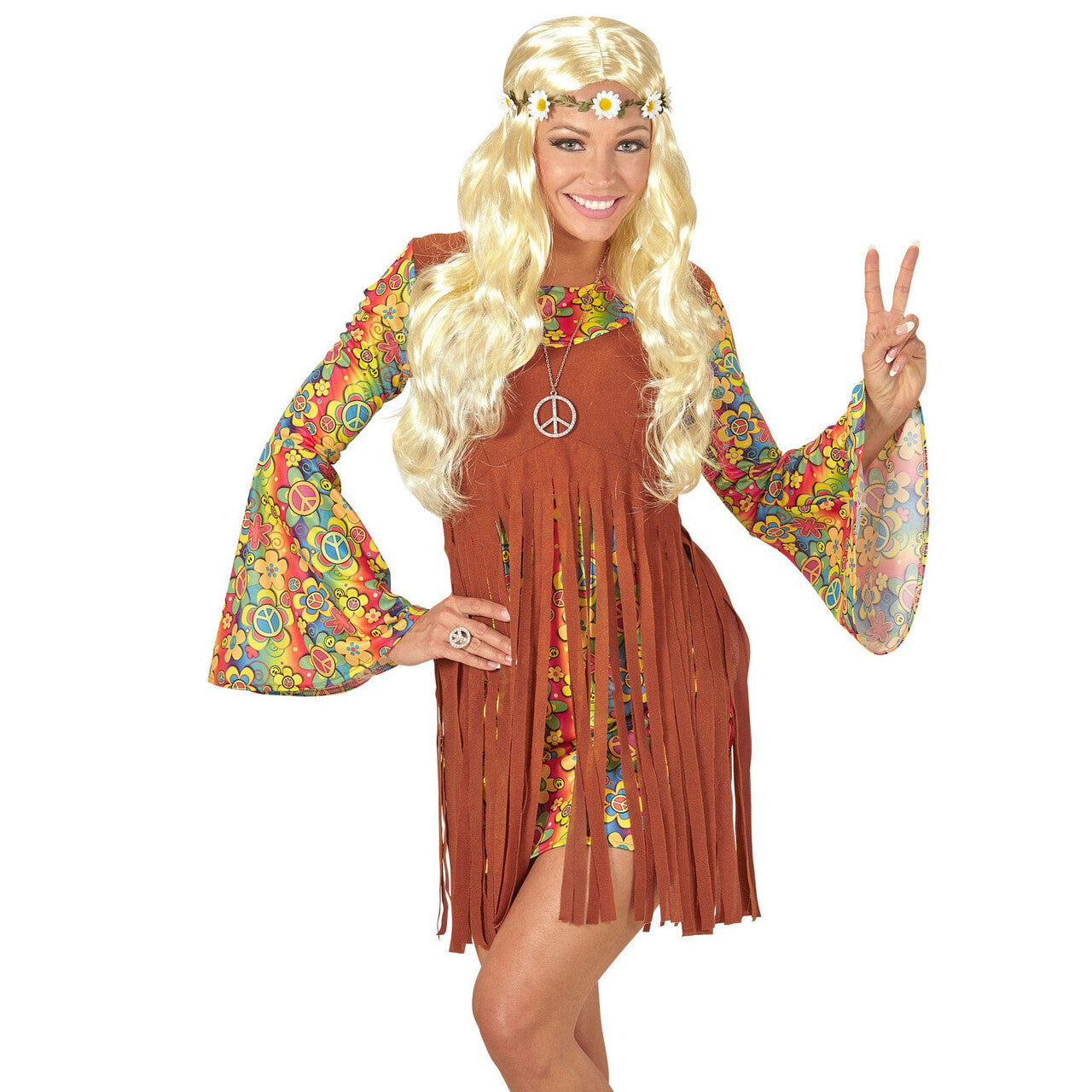 Op deze afbeelding zie je een Accessoires, van het merk Widmann. Curly Carla Pruik, Hippie / Middeleeuwen Blond Met Bloemen Hoofdband