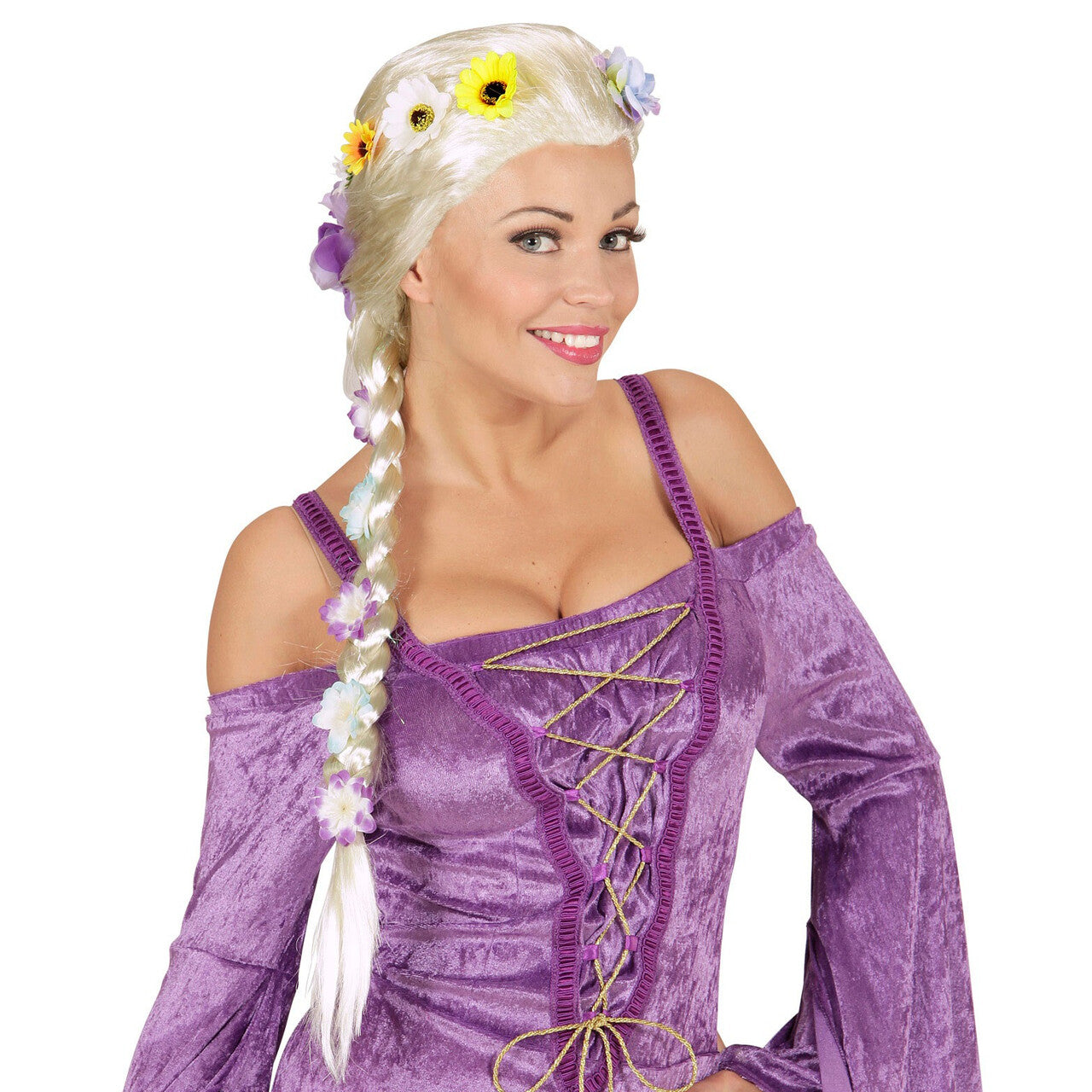 Op deze afbeelding zie je een Accessoires, van het merk Widmann. Madama Royale Pruik, Vlecht Met Bloemen