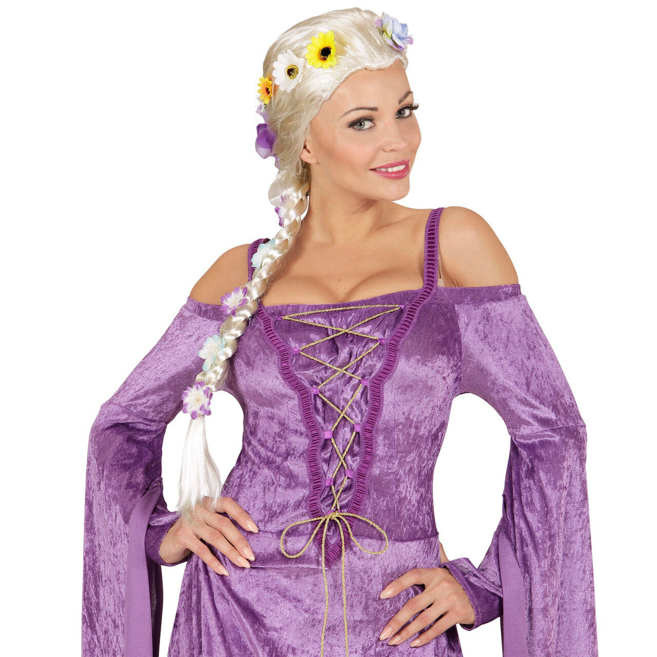 Op deze afbeelding zie je een Accessoires, van het merk Widmann. Madama Royale Pruik, Vlecht Met Bloemen