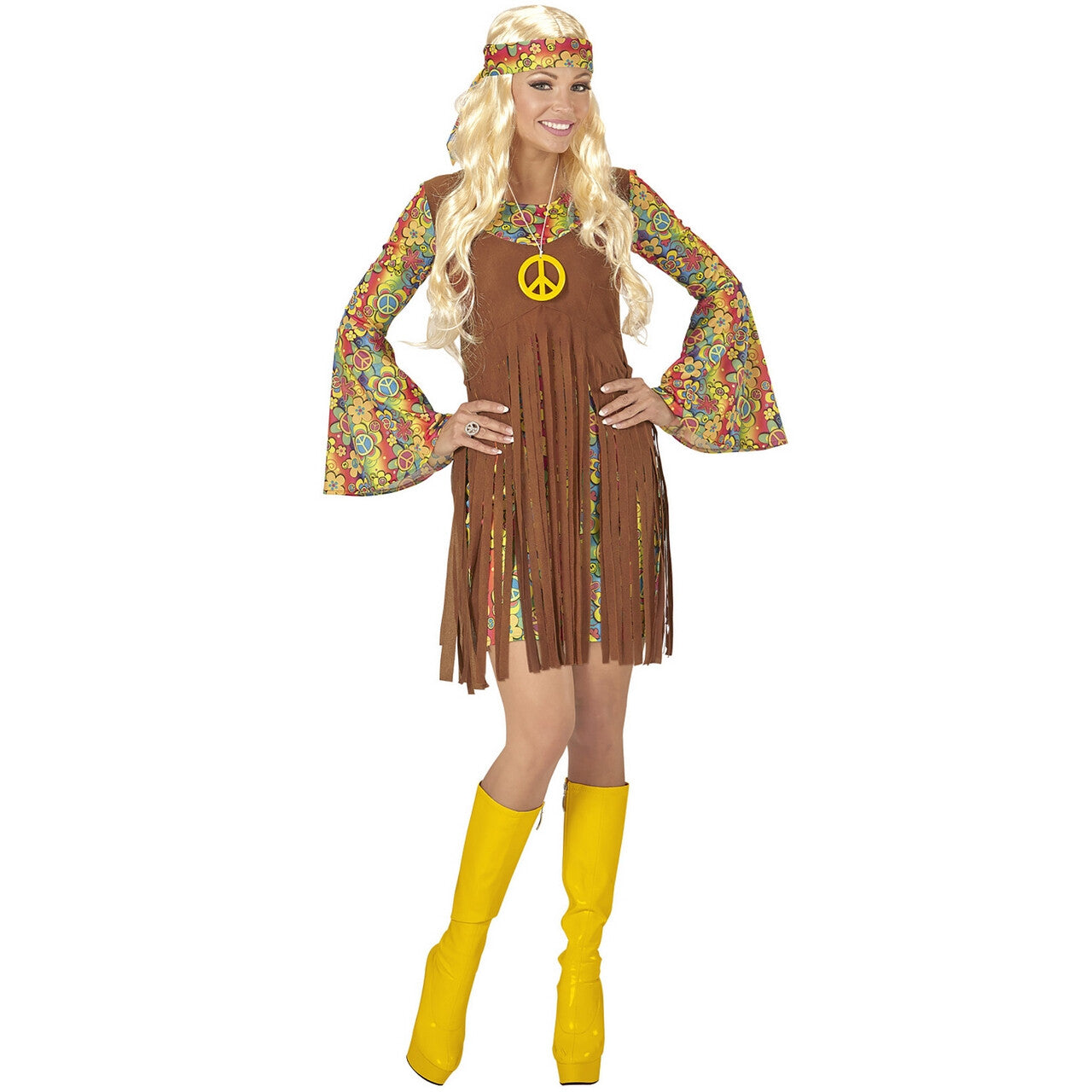 Op deze afbeelding zie je een Kostuums, van het merk Widmann. Bruin Kort Hippie Meisje Davy Vrouw Kostuum