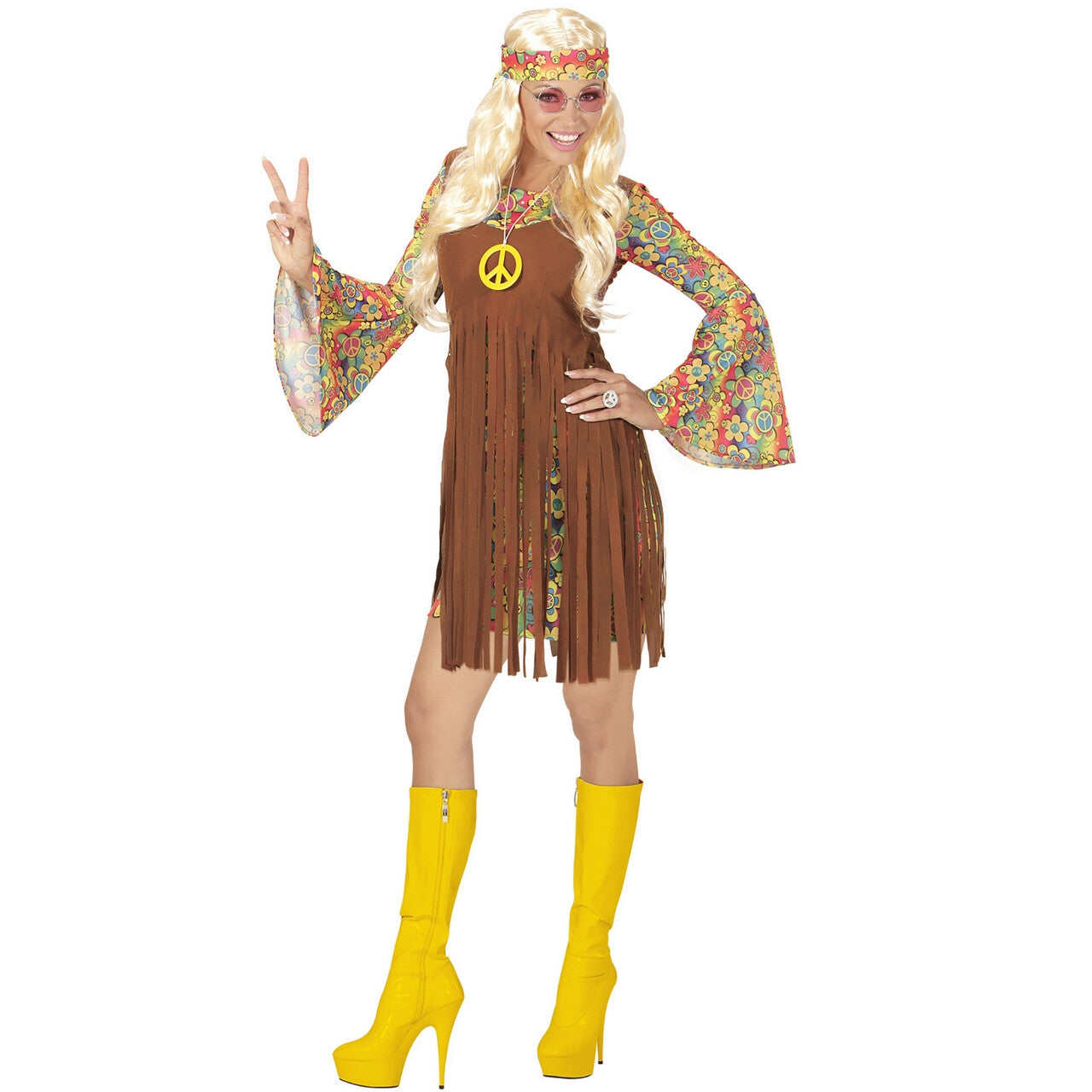 Op deze afbeelding zie je een Kostuums, van het merk Widmann. Bruin Kort Hippie Meisje Davy Vrouw Kostuum