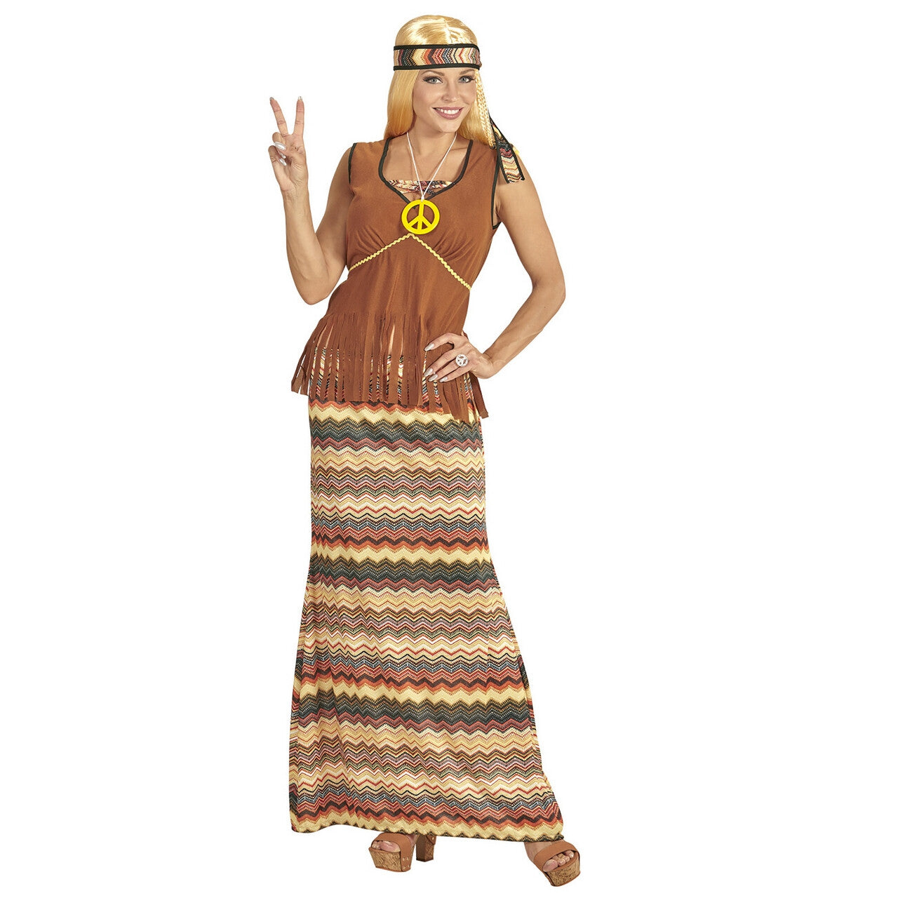 Op deze afbeelding zie je een Kostuums, van het merk Widmann. Hippie Dame Long Davy Vrouw Kostuum