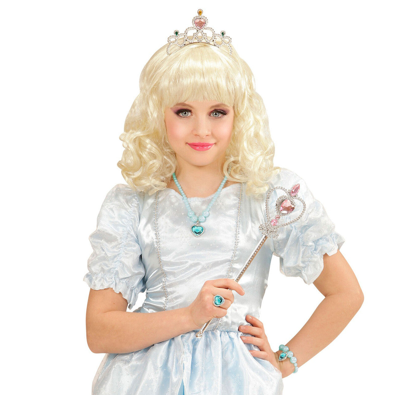 Op deze afbeelding zie je een Accessoires, van het merk Widmann. Prinses Ketting, Armband, Ring Strass Hart Azuur Blauw