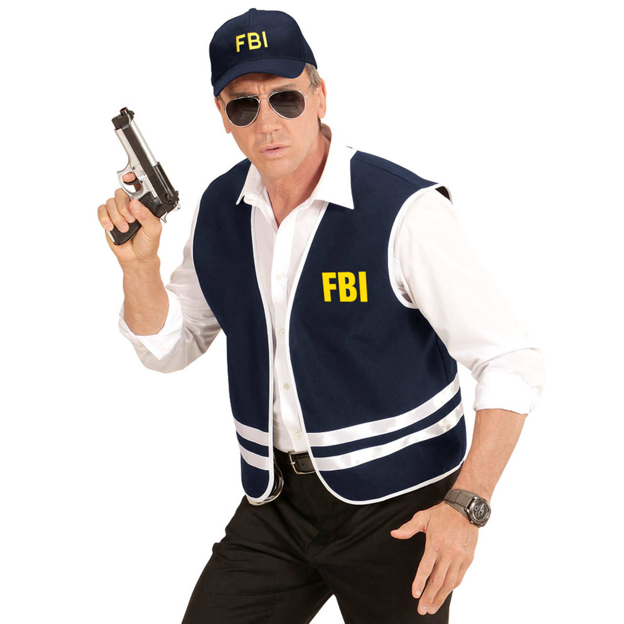 Op deze afbeelding zie je een Kostuums, van het merk Widmann. Blauw Fbi Vest Met Cap Volwassen