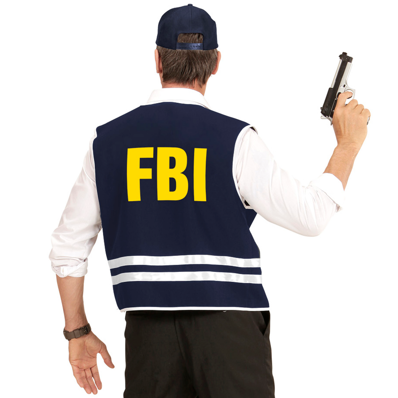 Op deze afbeelding zie je een Kostuums, van het merk Widmann. Blauw Fbi Vest Met Cap Volwassen